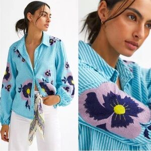 Anthropologie Maeve Blue White Striped Pansy Embroidered Shirt
